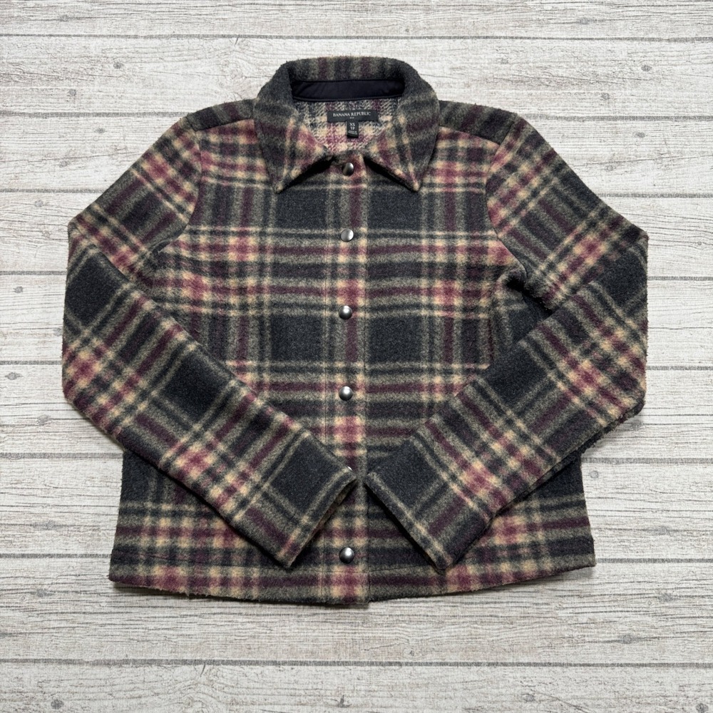 Banana Republic Jacket Women's XS Gray Pink Plaid Snap Front Fleece Outerwear